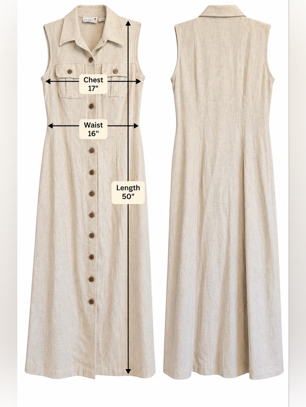 VINTAGE SCARLETT LINEN BLEND MIDI CREAM BUTTON FRONT DRESS SIZE 6 - Picture 8 of 8